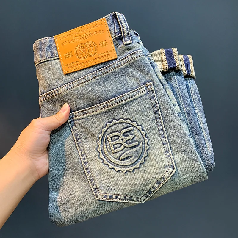 Men's American Jeans2024Summer Thin Retro Trendy Pencil Pants Printing2Slim Stretch Long Skinny Pants