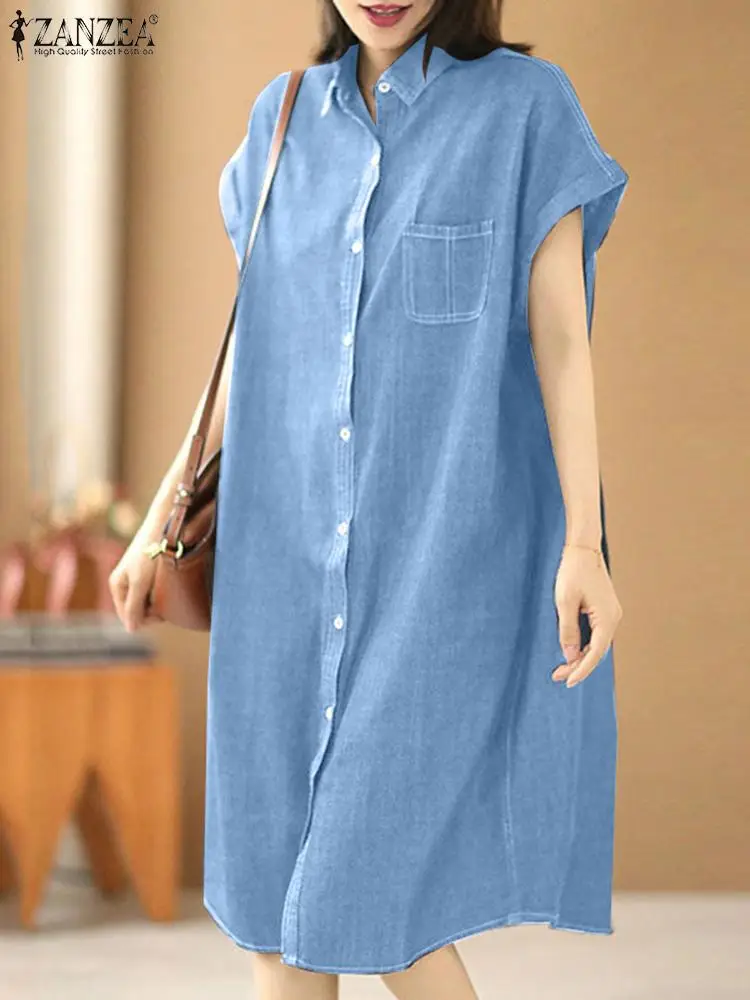 

2023 ZANZEA Woman Vintage Shirtdress Fashion Office Dress Summer Short Sleeve Solid Elegant Midi Robe Street Sundress Oversized