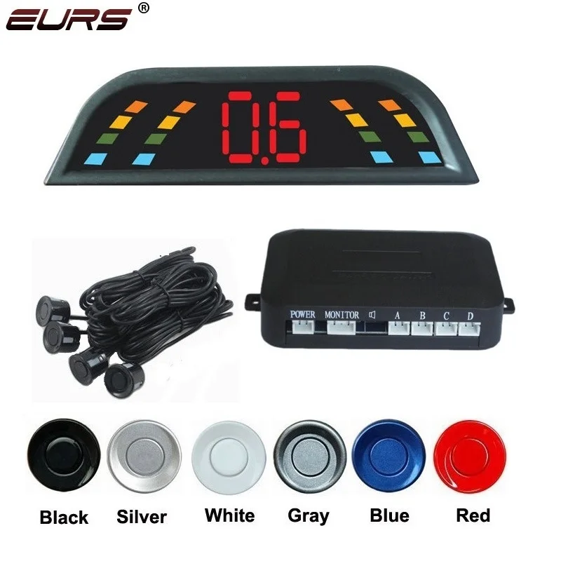 

EURS Car LED Parking Sensor Kit Parktronic 4 Sensors Auto Visual Reverse Assistance Built-in buzzer Backup Radar Monitor System