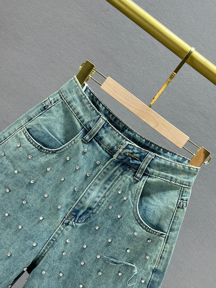 Exquisite Rhinestone Denim Shorts Women's Trousers 2024 New Summer High Waist Loose And Slimming Wide Leg Pants Breeches Female