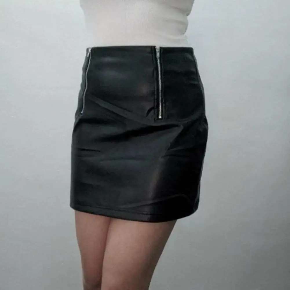 

Lady A-line Skirt High Waist Faux Leather Mini Skirt for Women Slim Fit Above Knee Club Party Skirt with Zipper Closure Solid