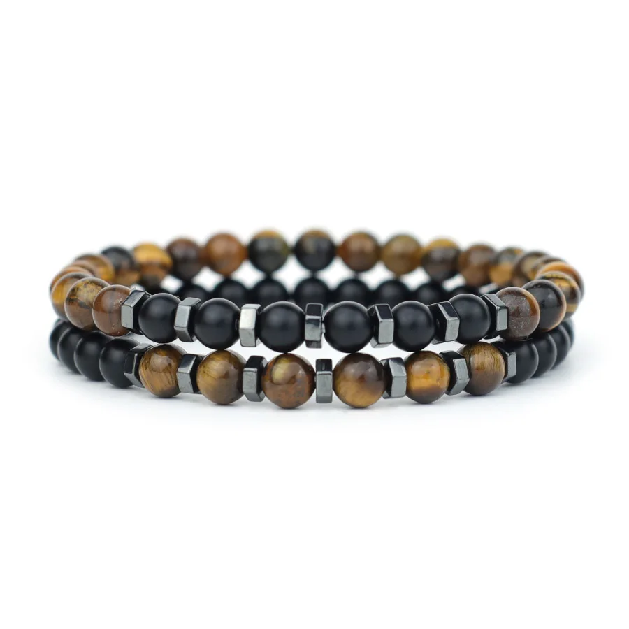 Noter 2-teiliges Set Herren Perlenarmband 3 Farben Erhältlich Tigerauge Onyx Stein Heilendes Amulett Coole Reit- und Sport-Handgelenk-Accessoires
