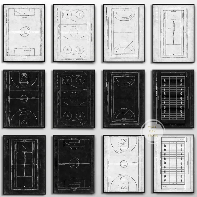 Vintage Tennis Basketball Football Sports Court Poster Canvas Painting Wall Art Stadium Blueprint Picture for Living Room Decor