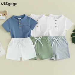 VISgogo Toddler Boys Summer Clothes Solid Color Short Sleeve Henley T-Shirt with Elastic Waist Shorts 2Pcs Casual Outfit