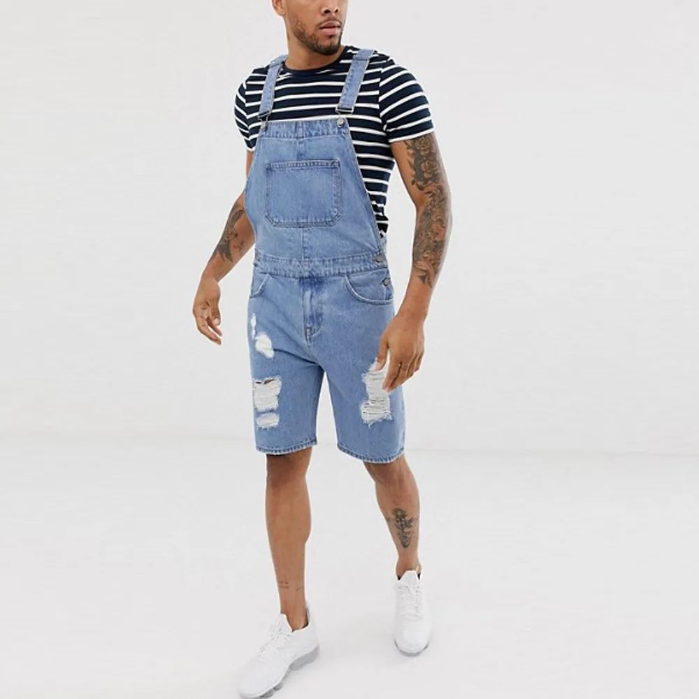 Mens Overalls Suspenders Denim Jeans Short Rompers Summer Streetwear Men Ripped Jeans Pantalones Vaqueros Hombre