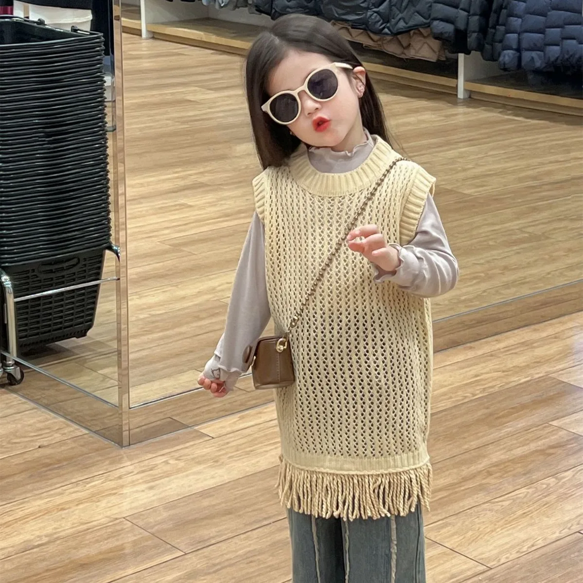 Spring New Korean Style Children Fashion Girl Knitted Vest Skirt Little Girl Knitted Hollow Sweater Vest