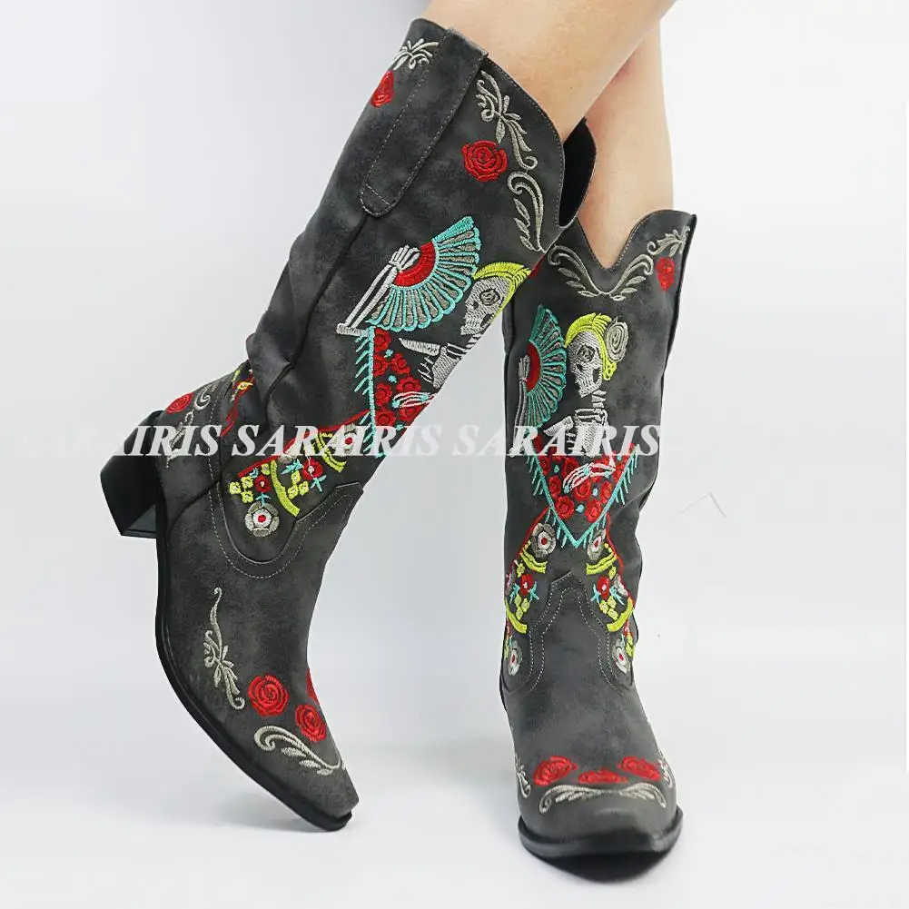 

2022 New Trendy Autumn Winter Mid Calf Cowgirl Boots Med Square Heels Pointed Toe Women Comfort Leisure Embroider Western Boots