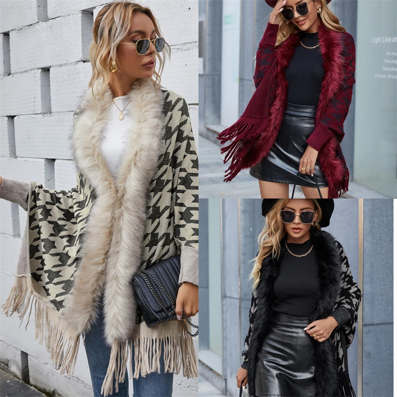 

Thousand Bird Lattice Sweater 2023 Autumn\Winter New Woolen Collar Cardigan Knitted Coat Women Fashion cardigan collar jacket