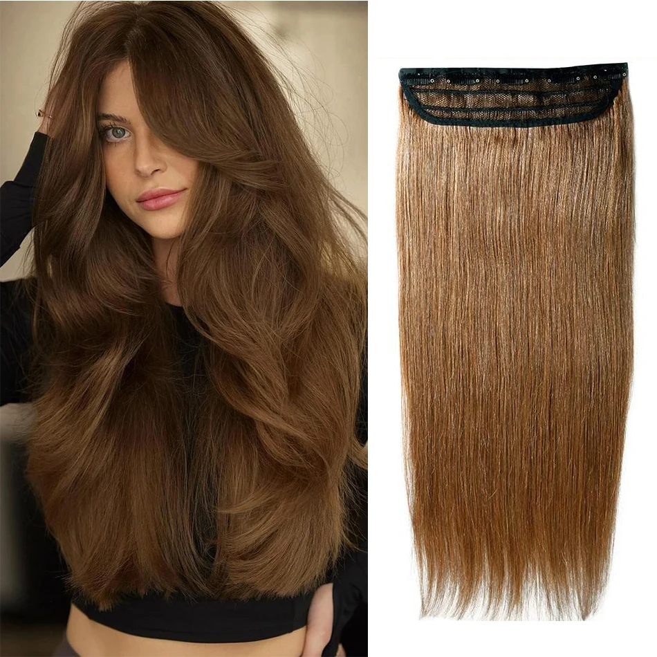 Clip in Hair Extensions One Piece 5 Clips 120g Soft Silky Straight Hair #6 Light Brown 3/4 Full Head Shaped Weft Thicker