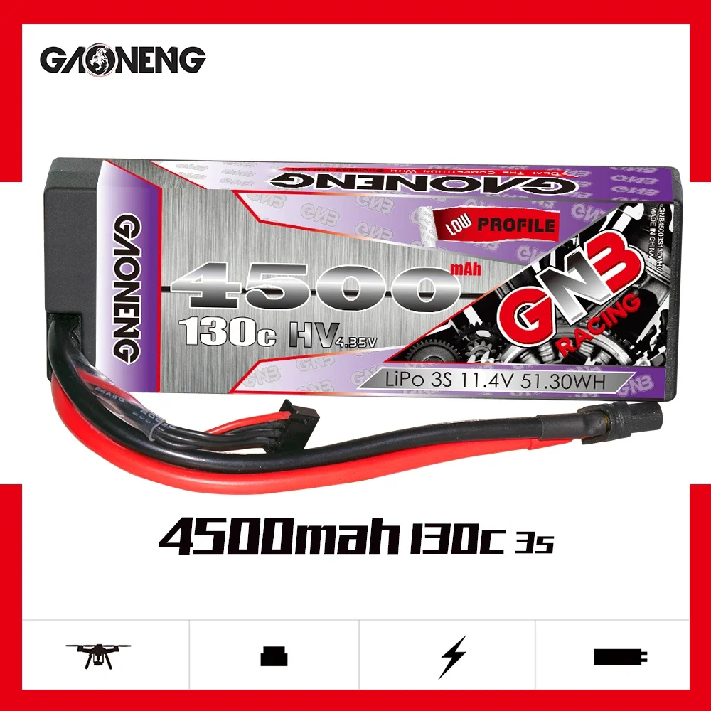 

Gaoneng GNB 3S1P 4500mAh 11.4V 130C/260C Low Profile Hardcase LiPo Battery With XT60 EC5 XT90S Plug For RC Car Four Drive Boat