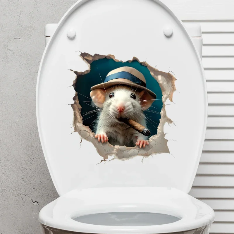 Funny 3D Stickers Mouse Hole Kawaii Toilet Stickers Waterproof Bathroom Toilet Lid Vinyl Decals Self-adhesive Home Decoration