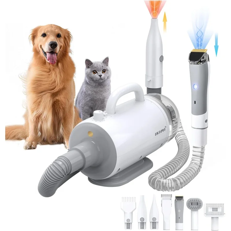 

Dog Grooming Vacuum & Blow Dryer - 16000Pa Hair Suction, Dog Clipper, High Velocity Dog Blower with Heater, 8 Pet Grooming V