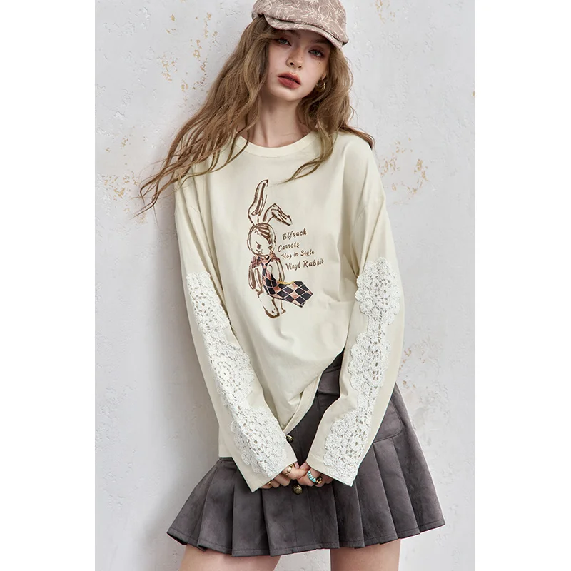ELFSACK 2025 Women's Casual Loose Fit round Neck Long Sleeve Tee Rabbit Print New Autumn Arrival 3