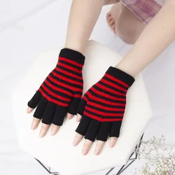 Black Unisex Wool Knit Fingerless Gloves - Warm Winter Workout Accessory - One Size (Black red)