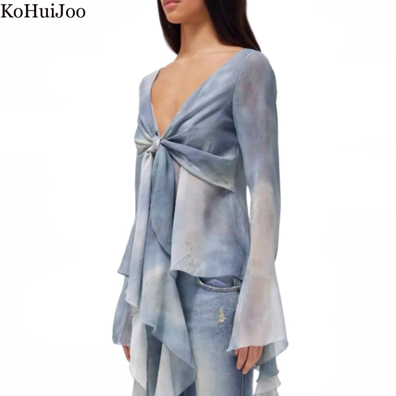 

Kohuijoo 2023 Spring Summer Fashion New Tie Dye Gradient Blouse Women Tie A Knot Ribbon Flare Sleeve Pringted Shirt Tops Smock