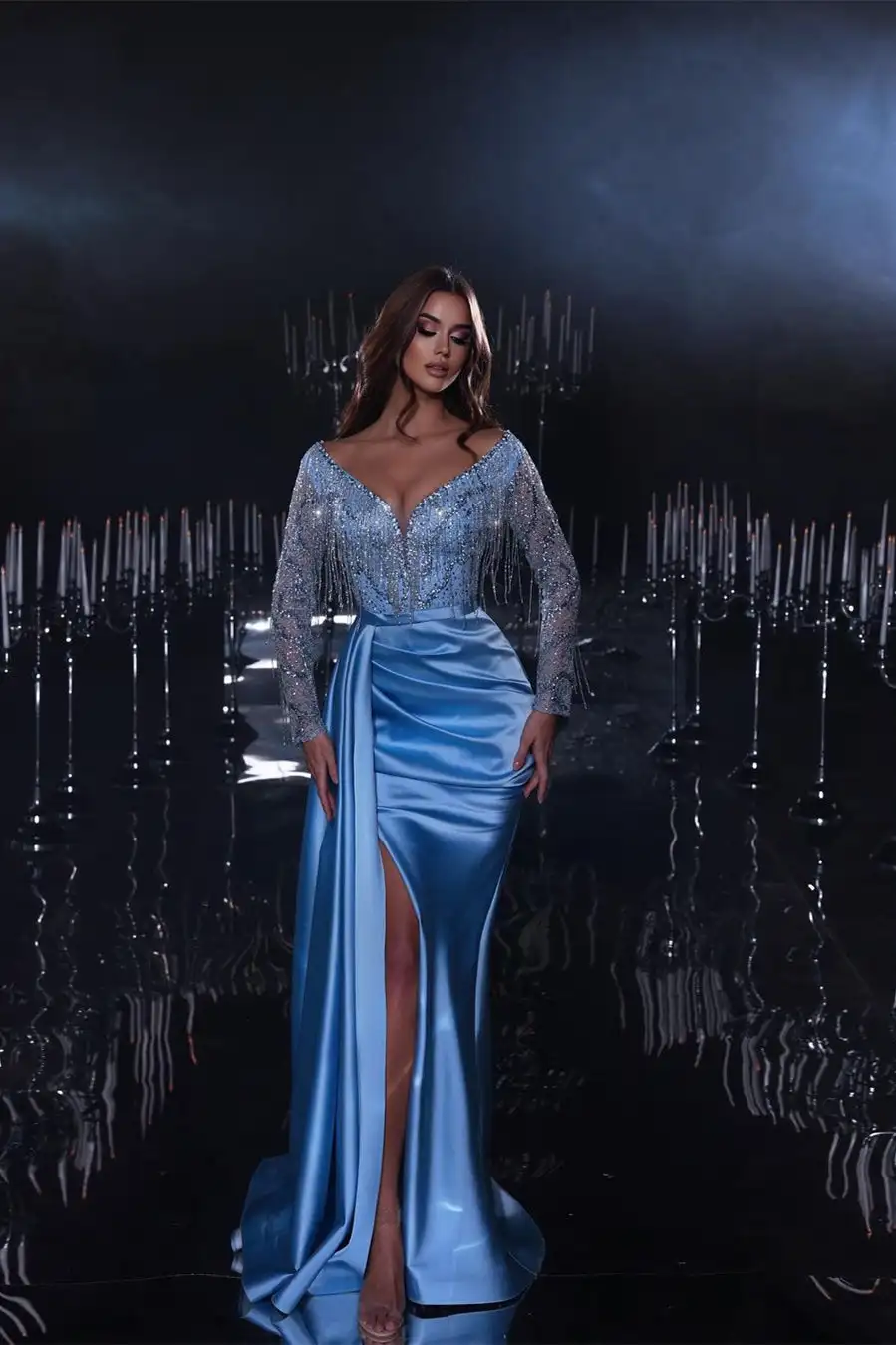 

Fashion Gorgeous Long Fishtail Blue V Neck Prom Dress Elegant Mermaid Sequins Beaded Split Long Sleeve Evening Gowns