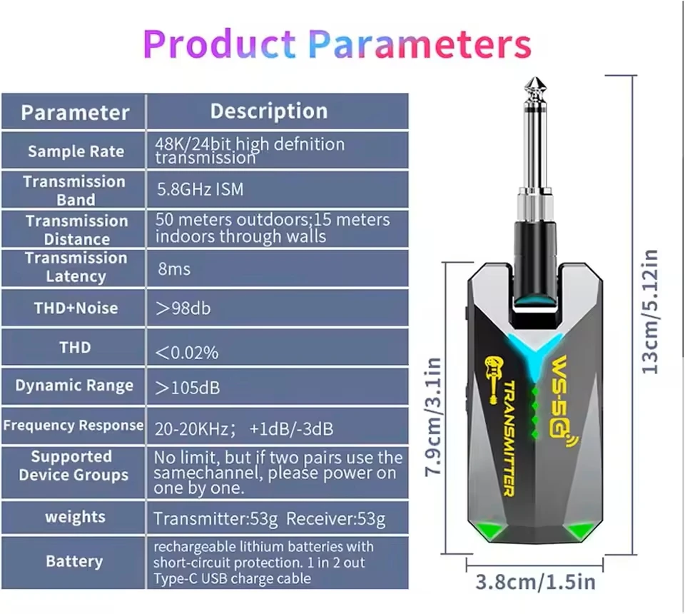 Miwayer 5.8GHz 무선 기타 시스템, 48K/16비트 실시간 오디오 및 더 많은 채널, 3.5mm 및 6.35mm 잭으로 충전 가능