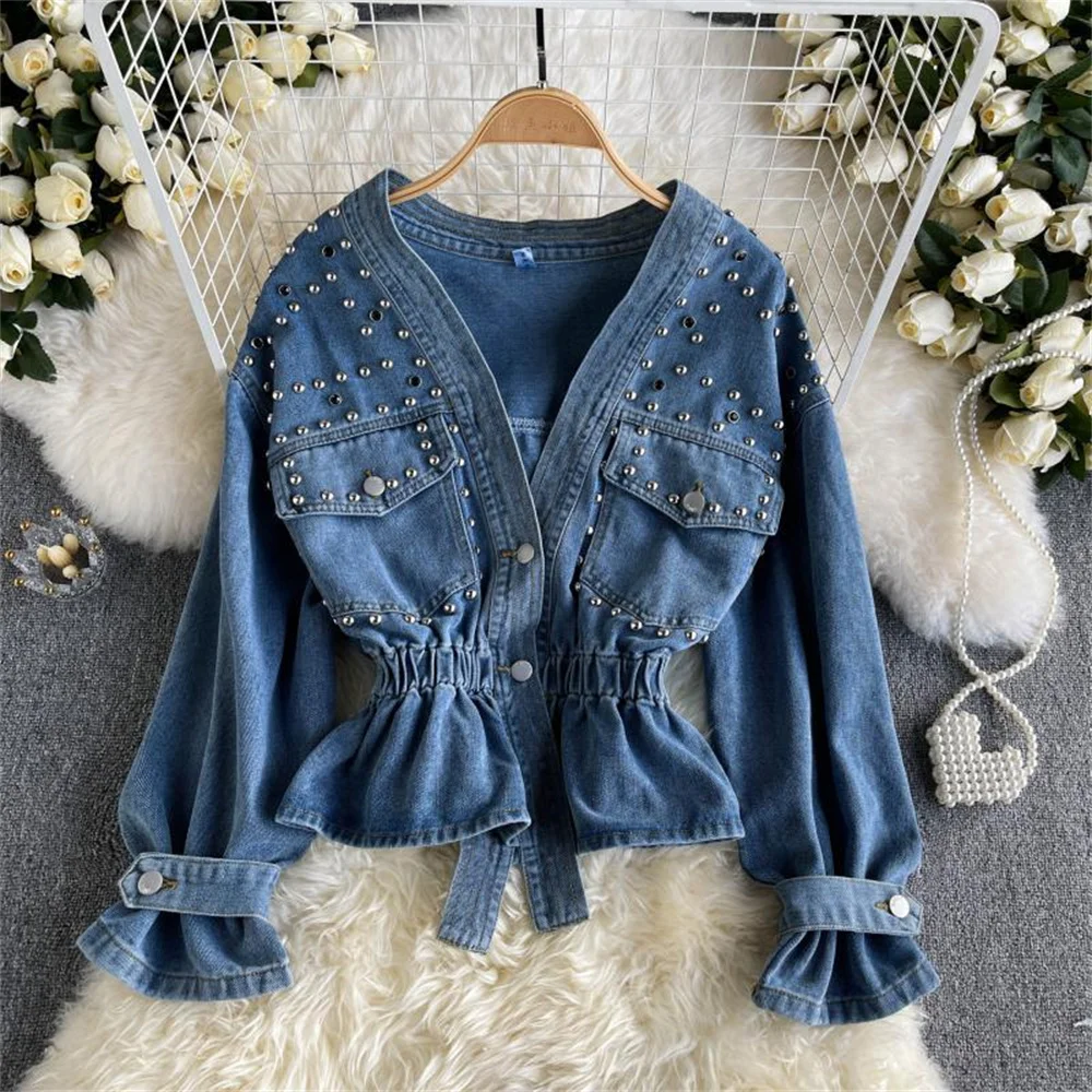 Denim coat female spring and autumn 2024 new heavy industry studded with diamond nails loose short style foreign style long slee