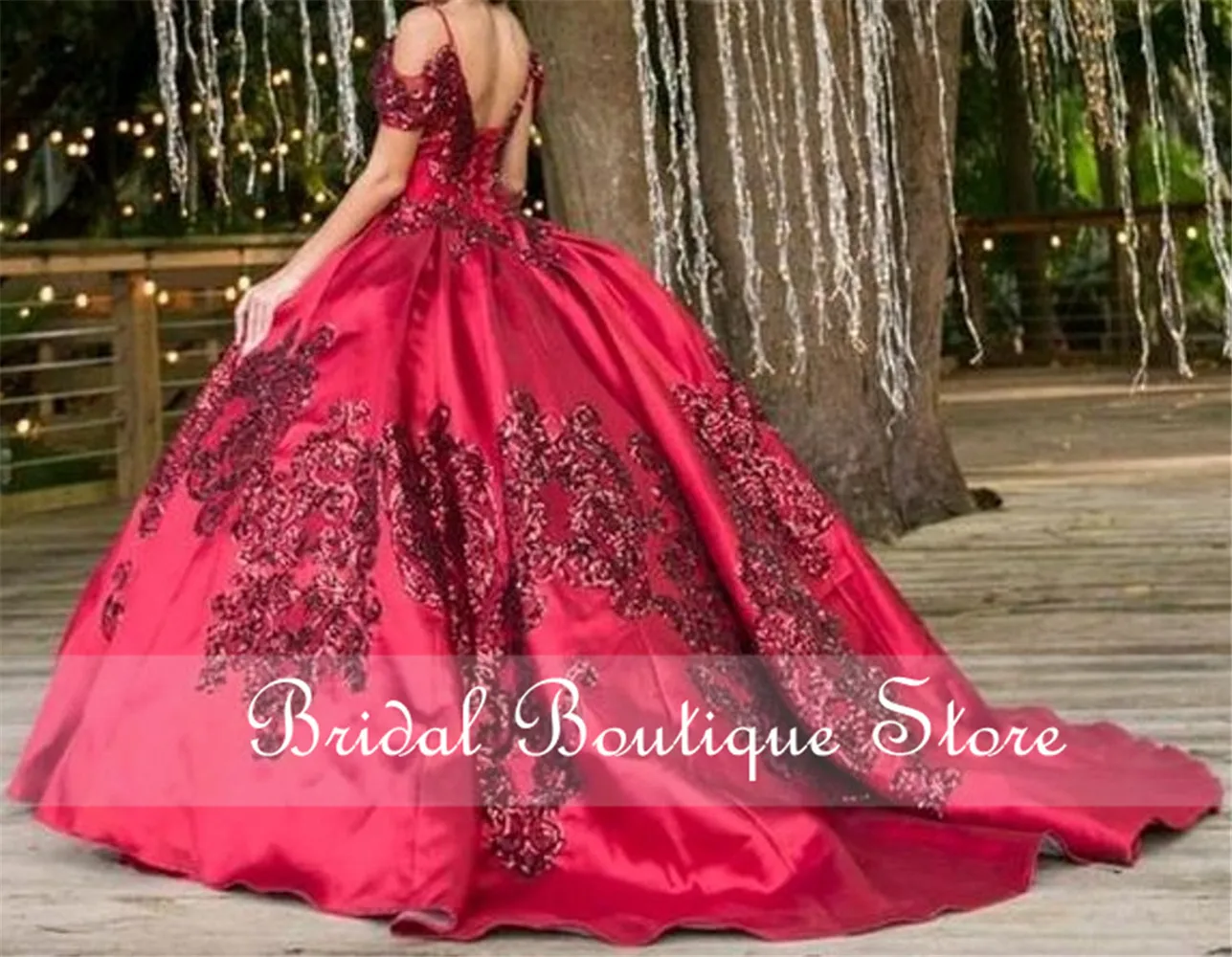 Burgundy Quinceanera Dresses Pocket Sequins Applique Off Shoulder Sweet 16 Dress Vestido De 15 Anos Ball Prom Gowns