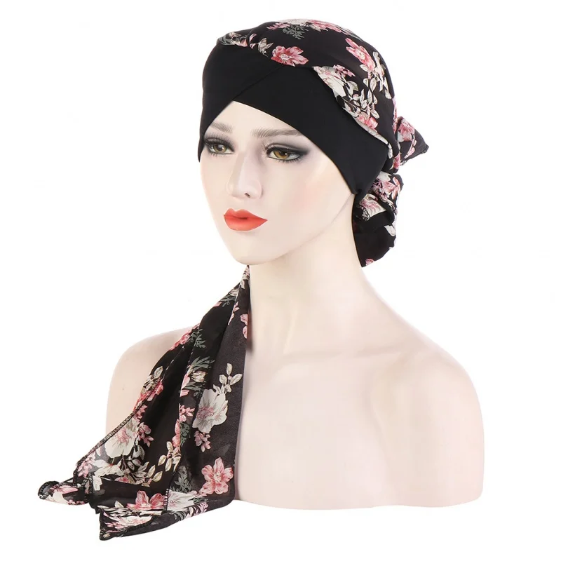 

Foreign Trade New European and American Flower Cloth Forehead Cross Solid Color Fashion Chiffon Long Tail Toque Spot