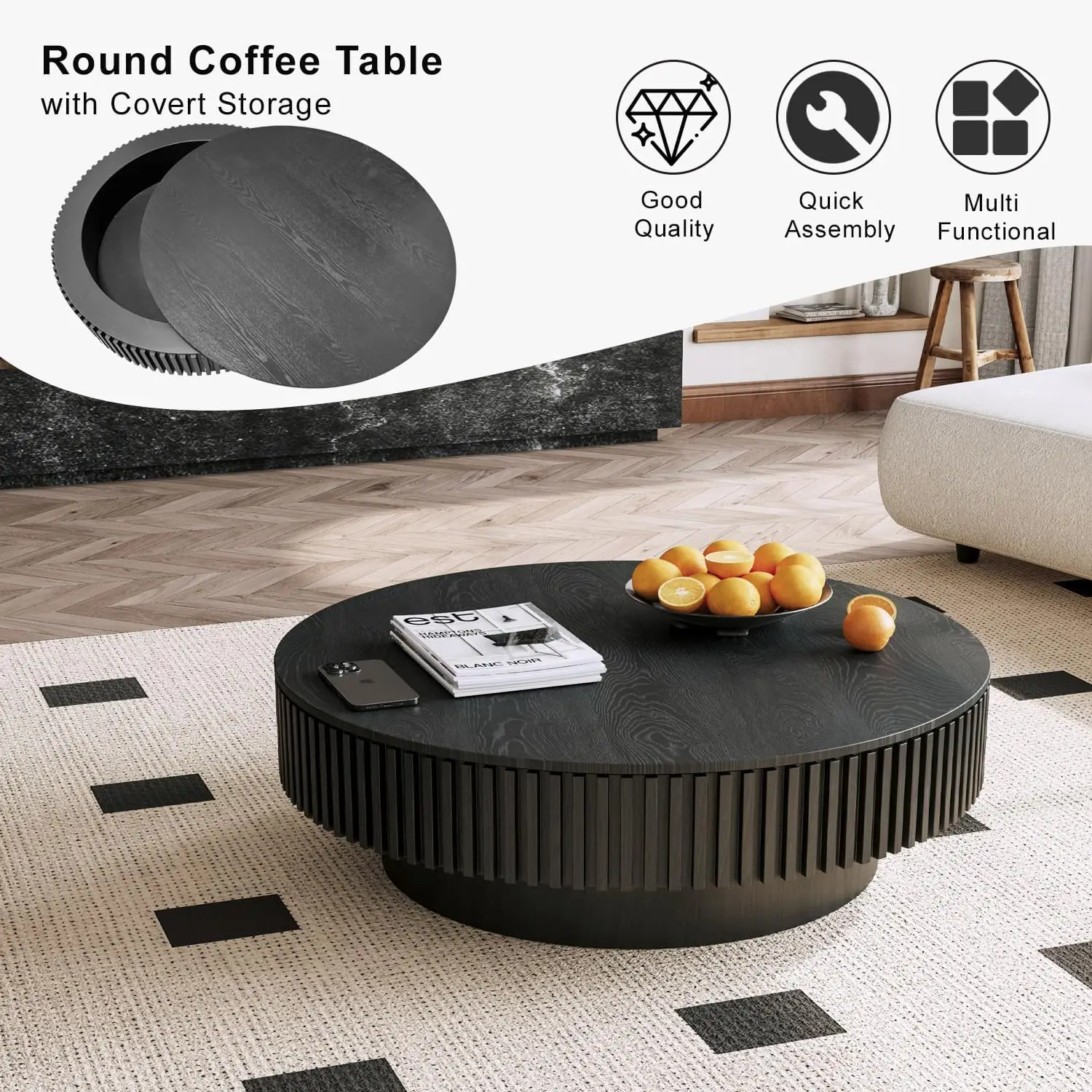 39'' Round Coffee with Storage, Modern Wooden Coffee Table with Solid Wood Veneered, Circle Center Accent Tea