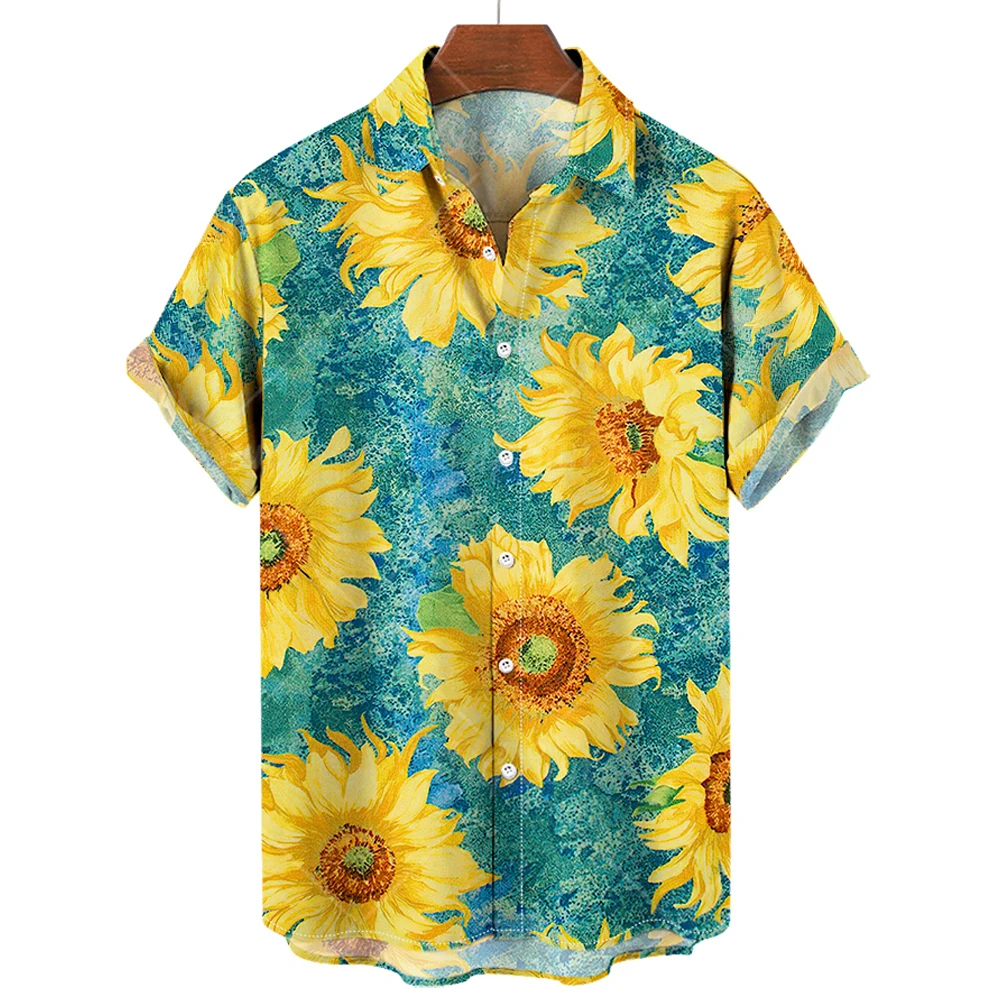 Hawaiian Mens Shirts Sunflower 3d Print Shirts For Men Lapel Fashion Short Sleeve Mens Clothing Loose Oversized Tops