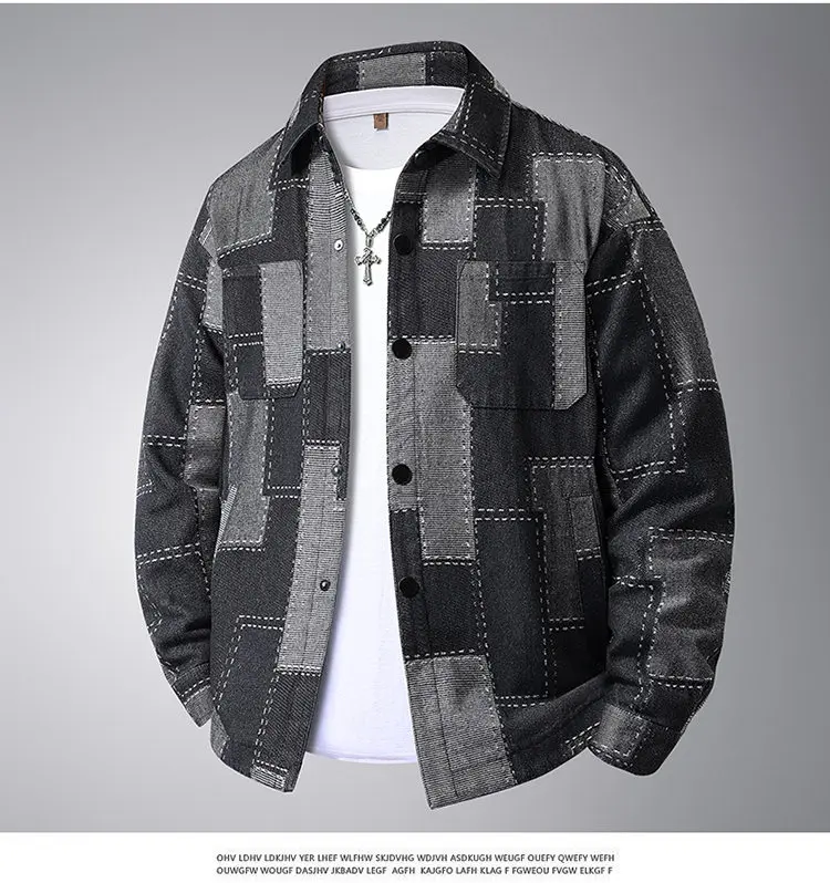 Übergroße L-8XL Herren-Jeansjacken mit Karomuster, Jugend-High-Street-Wear, lockerer karierter Baumwollmantel, einreihige Top-Kleidung – Detail 12
