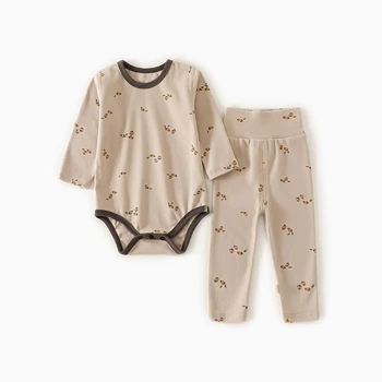 AYNIGIELL ملابس منزلية للربيع والخريف للأطفال من القطن بأكمام طويلة + سراويل طويلة طقم مكون من قطعتين طقم ملابس للأطفال من عمر 0 إلى 18 شهرًا 2