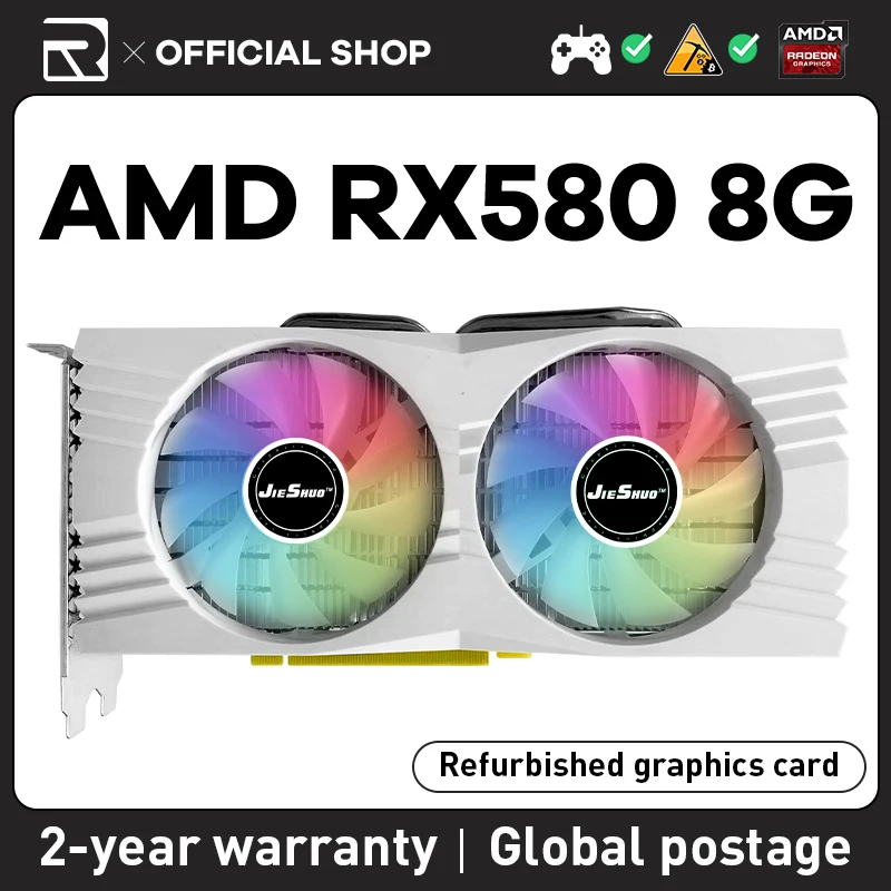 JIESHUO AMD RX 580 8GB 2048sp video graphics card GDDR5 GPU 256bit rx580 8g for computer desktop esports games Office 580 rx