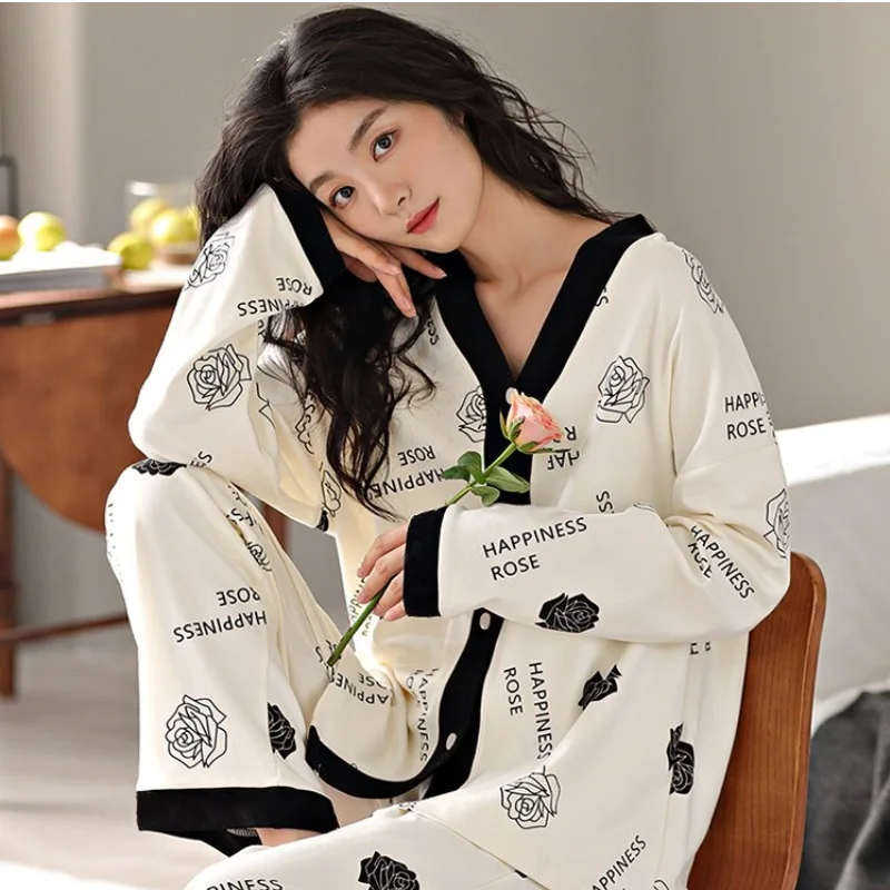 Women Spring and Fall Two-Piece Pajamas Cardigan Long-Sleeved Long Pants Thin Section Polka Dot Printing Maternity Homewear 6