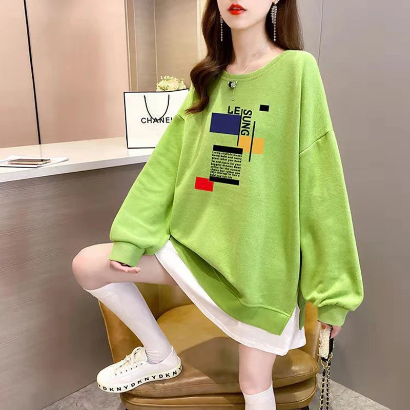 Fashion Printed Spliced Fake Two Pieces Sweatshirts Female Clothing 2023 Autumn Winter Loose Casual Tops All-match Sweatshirts