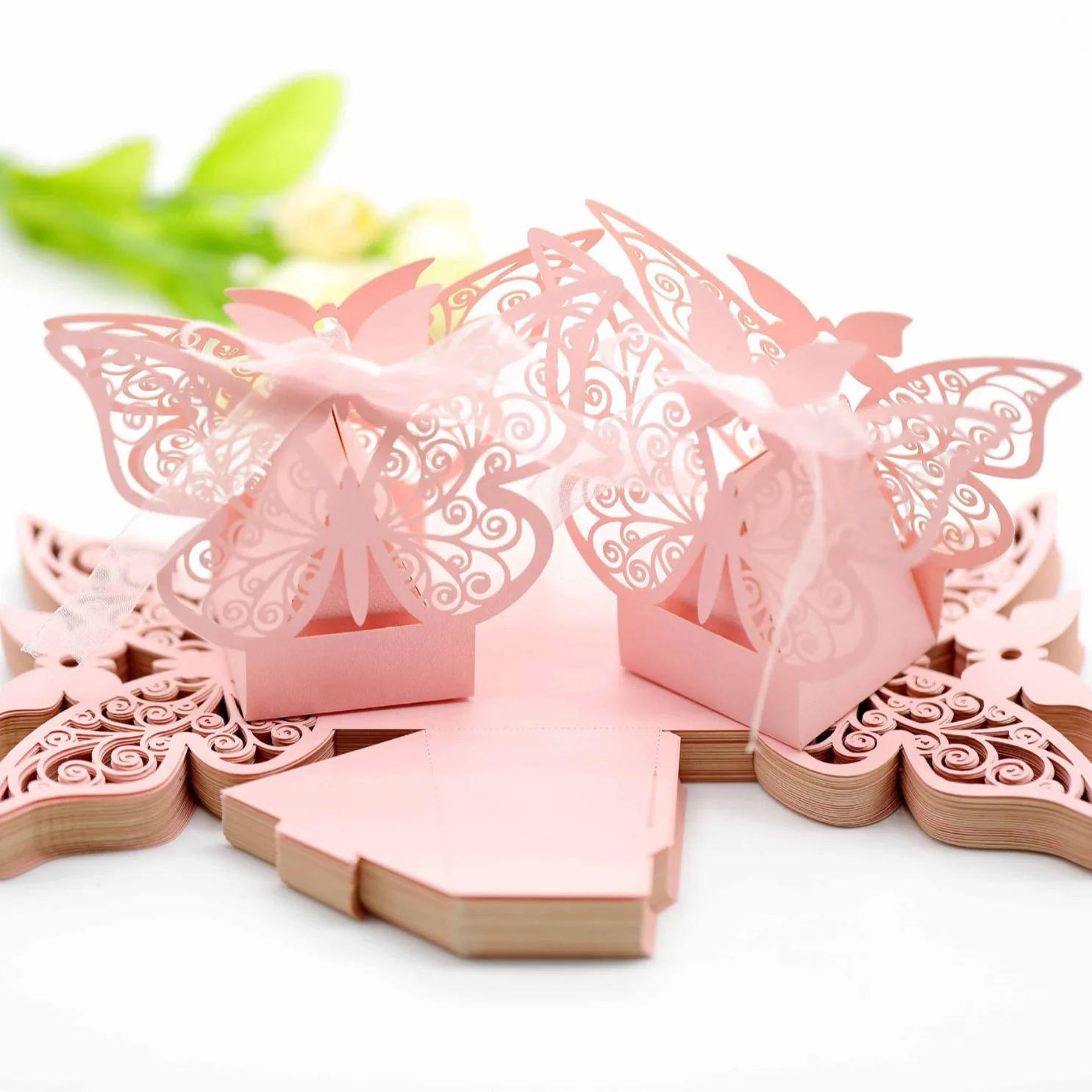 50pcs Laser Cut Candy Favor Boxes with Ribbons, Wedding Gift Cartons for Chocolate Cook... - SKU LCLB0908 - UGI Packaging