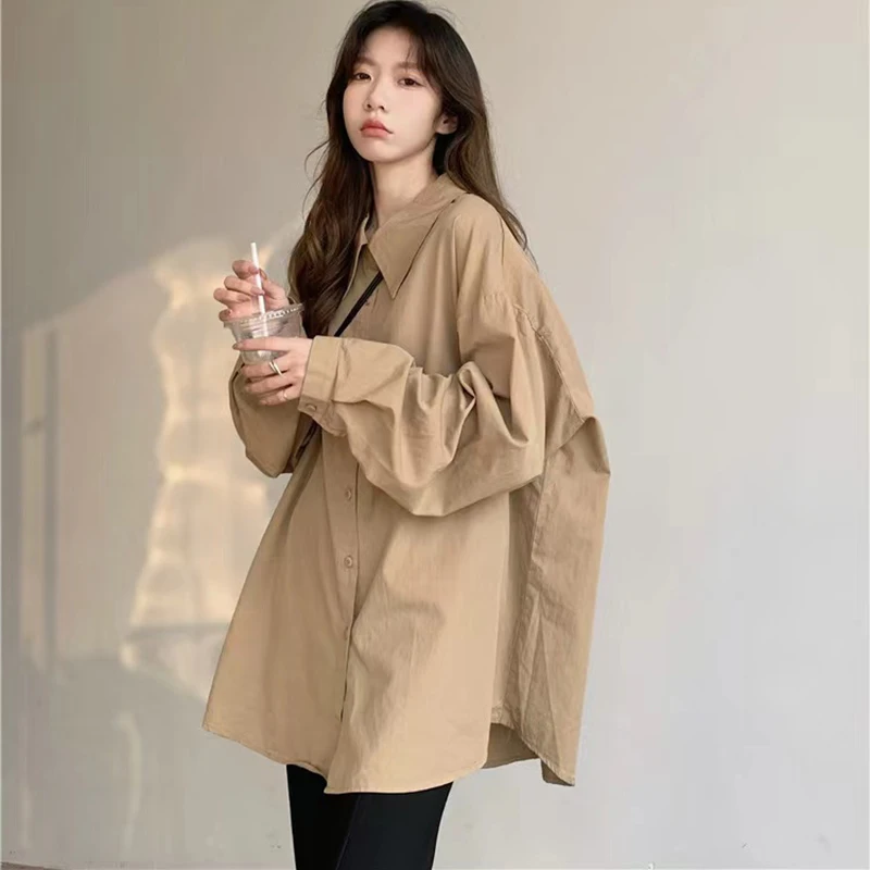 

Блузка женская оверсайз средней длины, универсальная однотонная Повседневная рубашка с длинным рукавом, в винтажном Корейском стиле, свободного кроя, летняя