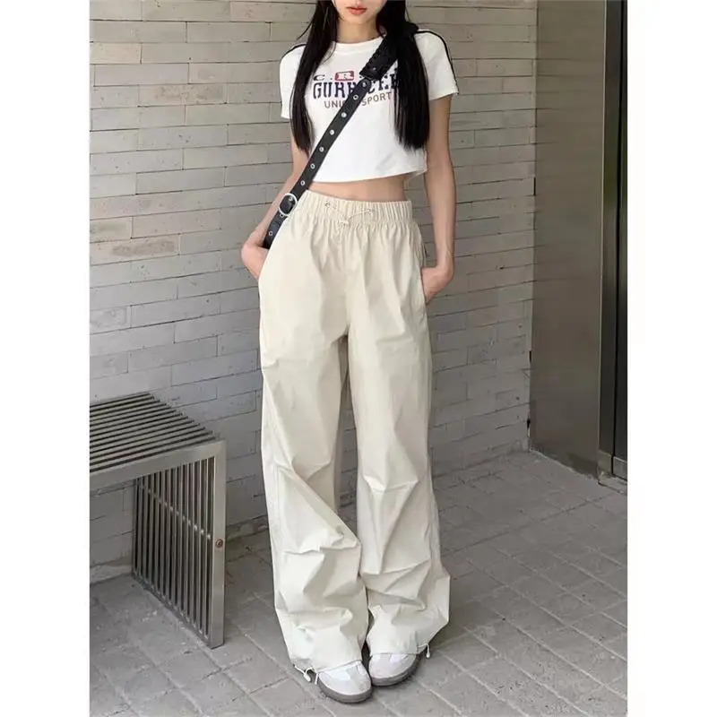 

Korean Women's High Waisted Drawstring Straight Tube Cargo Pants Casual Trousers Loose Wide Leg Long Pants