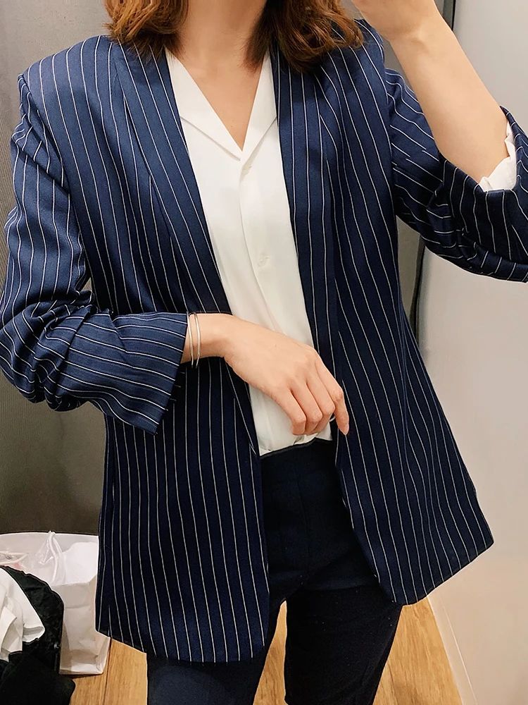 

Evfer Spring Autumn Chic Lady Striped Print Blue Casual Long Blazers Womens Fashion No Button Pleated Roll Long Sleeve Jackets