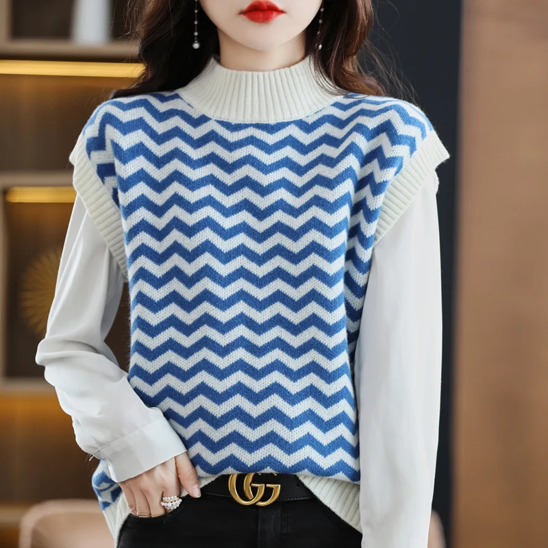 

Новинка 22, пуловер, жилет из 100% чистой шерсти, водолазка, простой вязаный женский кашемировый жилет, брендовый женский свитер без рукавов ATTYYWS