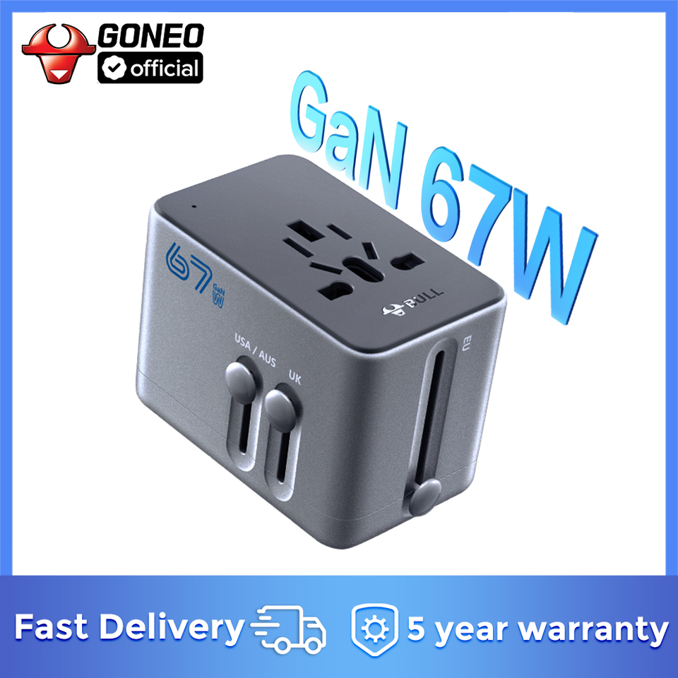 Goneo 67W GaN Universal Travel Adapter 2*Type-C 2*USB-A 1*AC Auto Reset Overload Protection EU AU US UK Plug Powerstrip