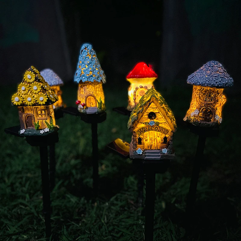 

Solar resin cartoon house ground plug lights outdoor waterproof LED lights patio decorative lawn landscape lights