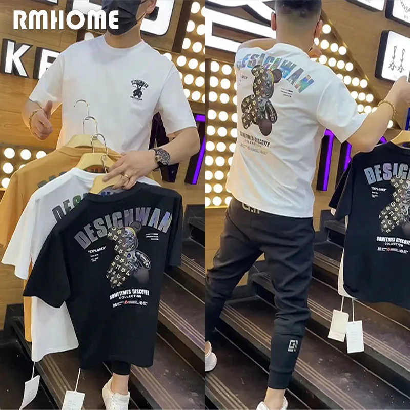 

Футболка мужская с принтом маленького медведя, модная повседневная рубашка из мерсеризированного хлопка, летняя одежда, 7XL