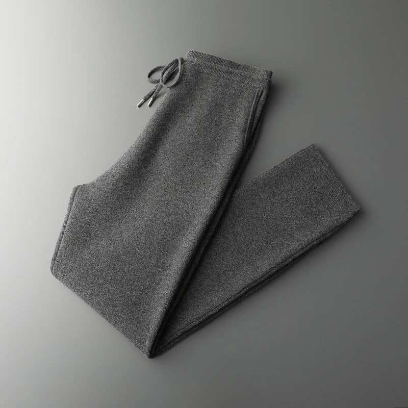 Casual Pants Men Pure Wool Padded Wide-Leg Knitted Trousers Autumn Winter