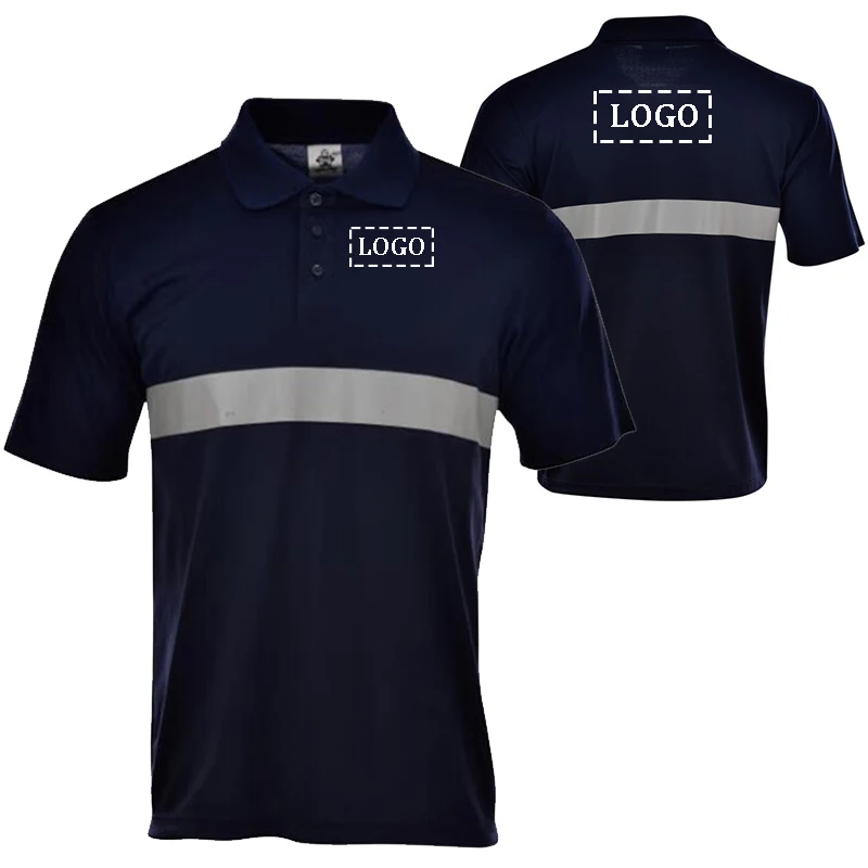 Logo Custom Safety Reflective Polo Shirt Buttons Front Breathable Summer Work Shirt Quick Dry Navy Blue