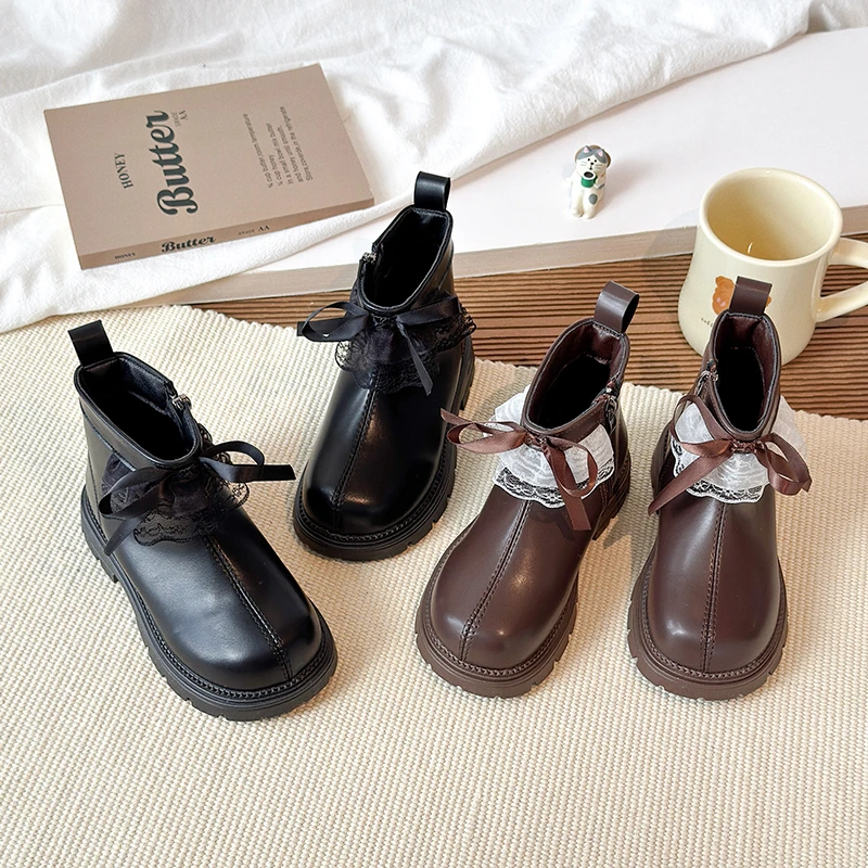 Girls Fleece Leather Ankle Boots with Lace Bow for Winter