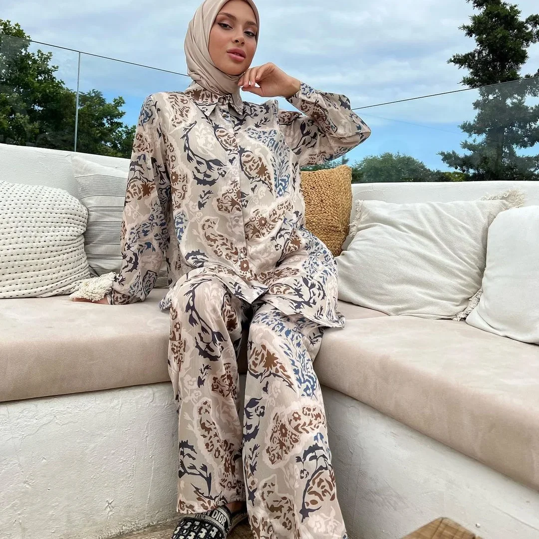 

Women Eid Muslim Sets Musulman Ensemble Two Pieces Print Blouses Wide Leg Pants Button Dubai Kaftan Loose Single Breasted