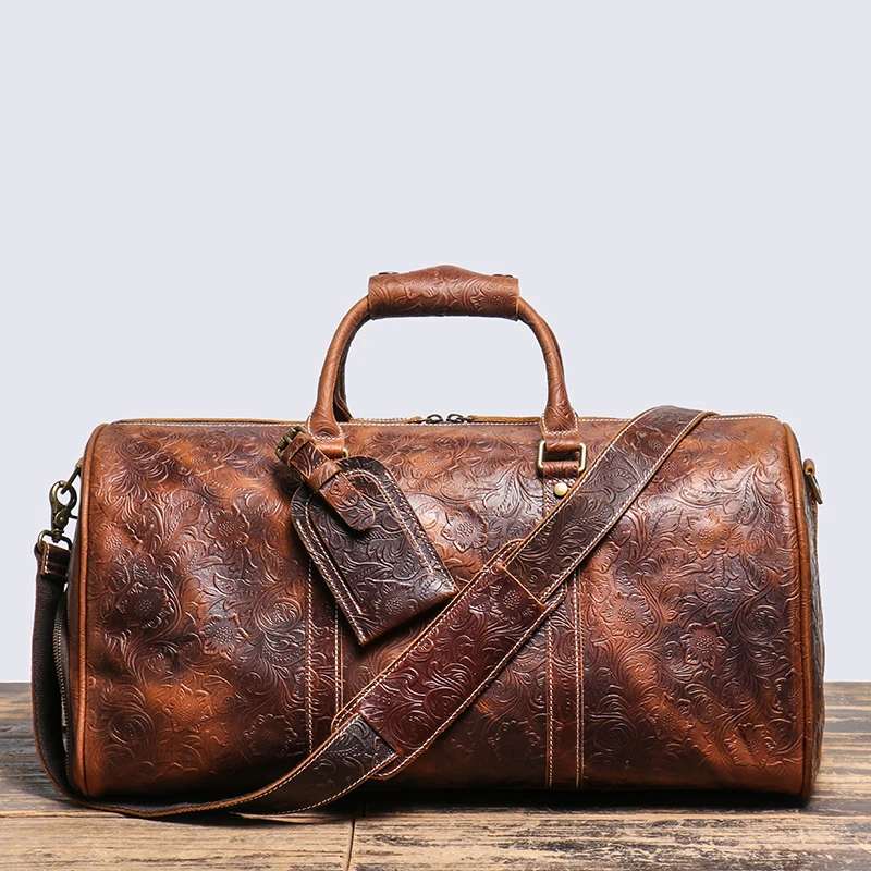 LEATHFOCUS Vintage Embossed Handbag Men's Women's Leather Travel Bag Large Capacity Business Duffles Bag Weekend Gym