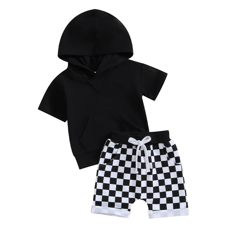 

Toddler Baby Boy Summer Hooded Outfit Contrast Color Short Sleeve T Shirt Top Elastic Shorts Summer Clothes Set