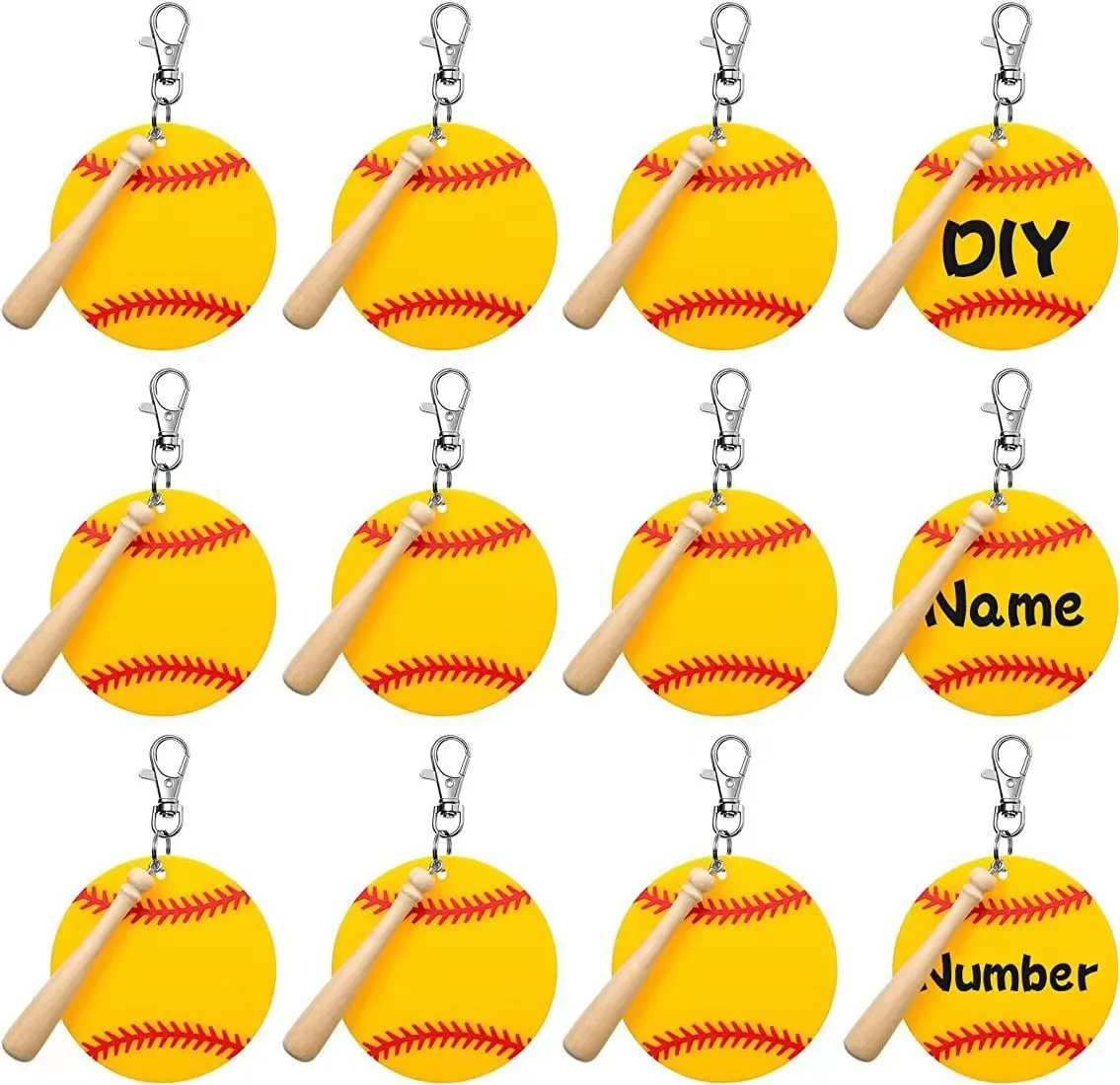 36pcs Softball Acrylic Keychain Blanks Kit 12pcs Acrylic Baseball Blanks&12pcs Swivel Snap Hooks Baseball Keychain&12pc Wood Bat