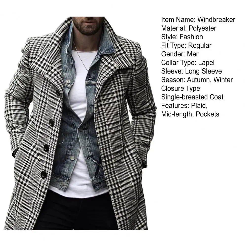 Description Picture 4 of itemStylish  Men Jacket Super Soft Coldproof Checkered Trench Coat Turndown Collar Washable Men Trench Coat for Daily Wear
