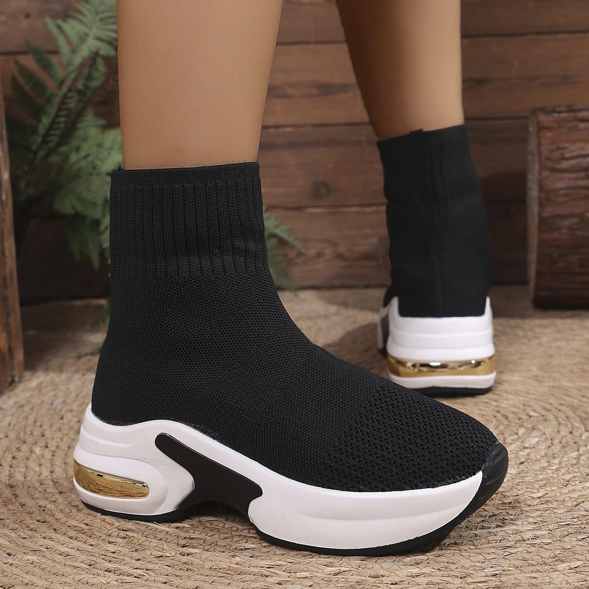 Aphixta Cotton Fabric Stretch Boots for Woman Wedge Heel Breathable Woman Ankle Boots 6cm High shoes for woman botas de mujer