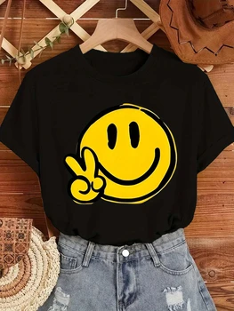 Women's Geometric Joyful Face Smile Print T-Shirt Casual Short Sleeve Crew Neck Top Comfort Summer Woman Clothing 1