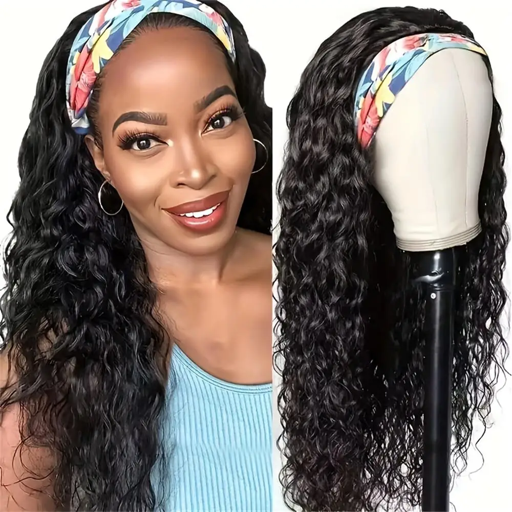 

Headband Wig Deep Wave Human Hair Wigs For Black Women Glueless None Lace Front Wig Curly Wave Headband Wig Machine Made Wigs